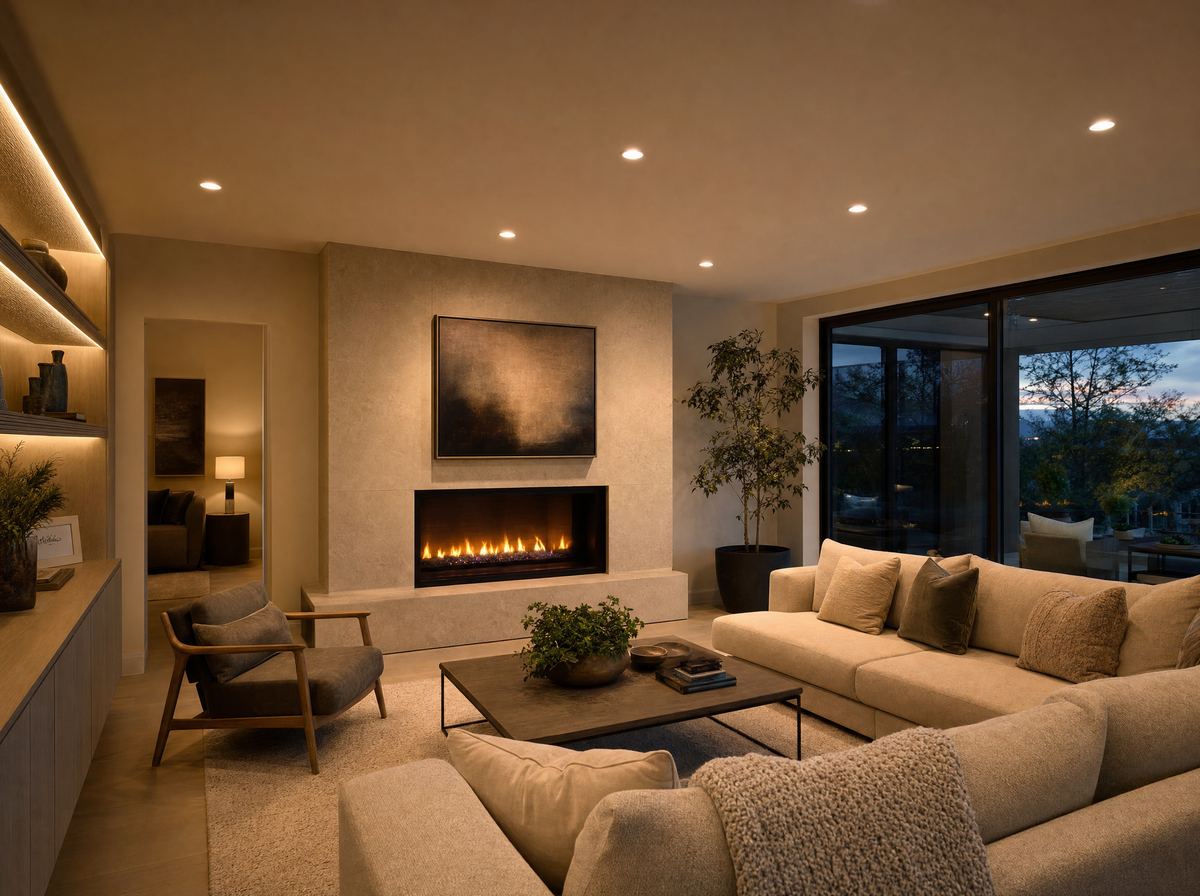 Modern living room at dusk lit by warm recessed ceiling lights