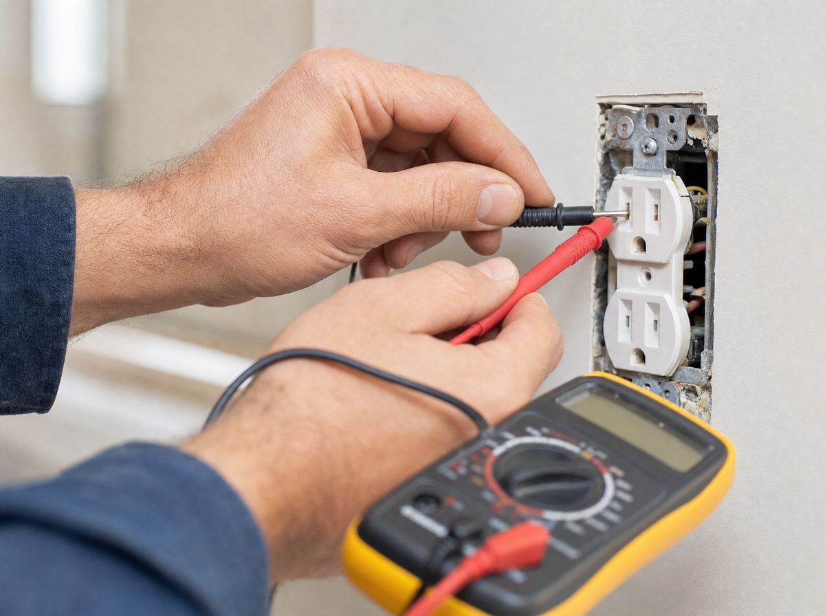 Electrician testing a wall outlet with a digital multimeter