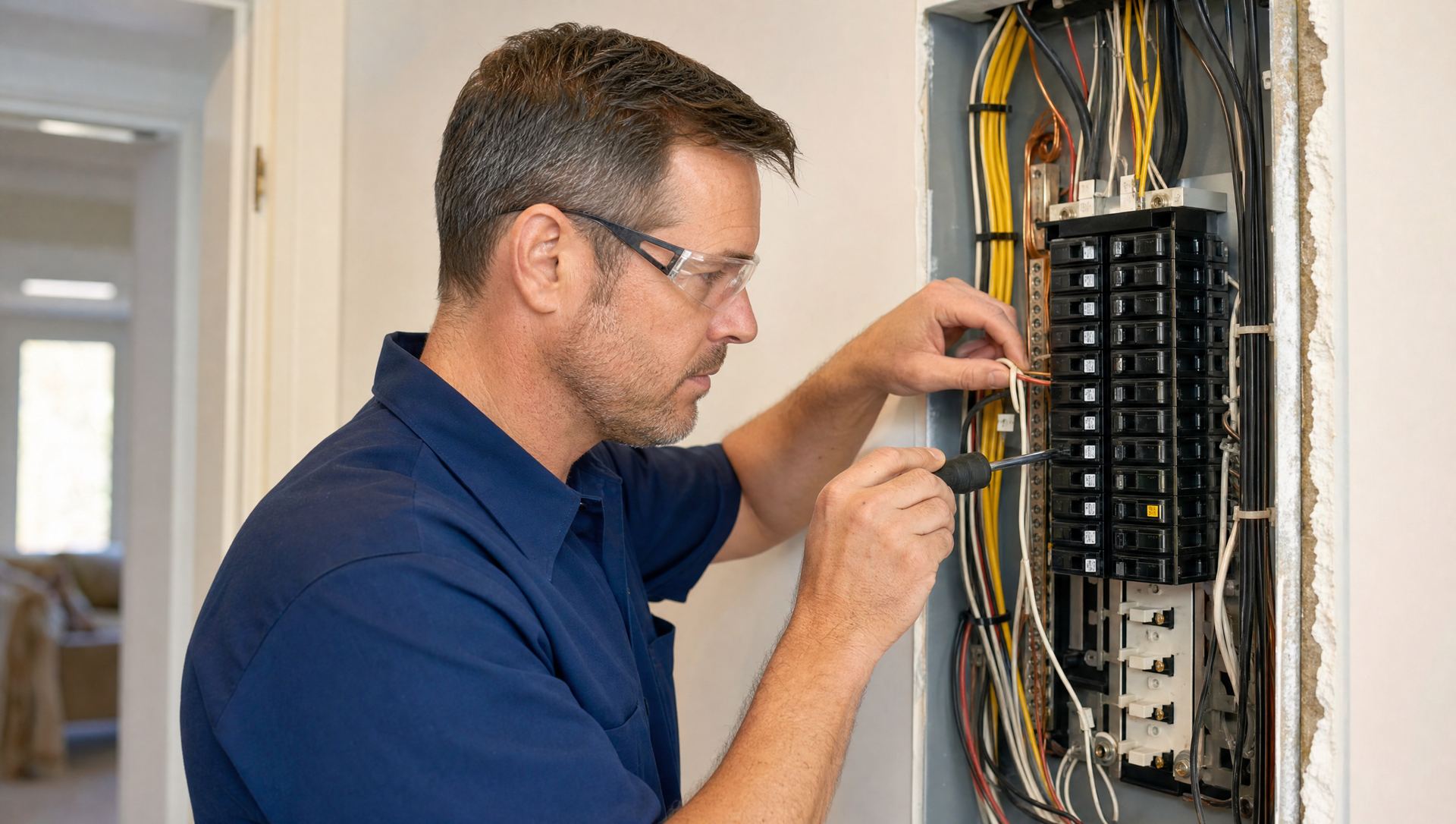 Northline electrician terminating circuits inside a neatly dressed residential breaker panel