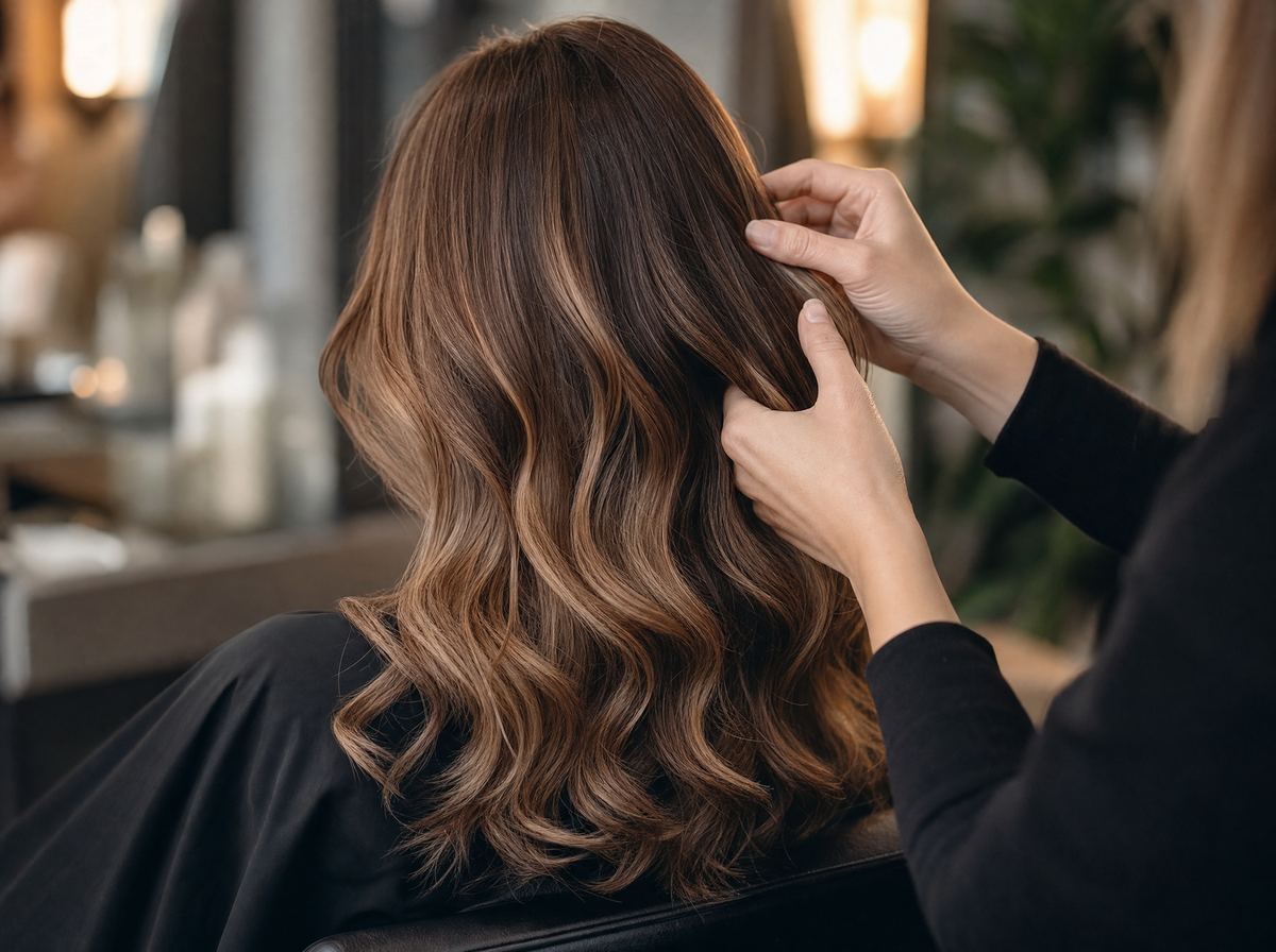 A stylist running her fingers through long brunette hair with soft caramel balayage in loose waves