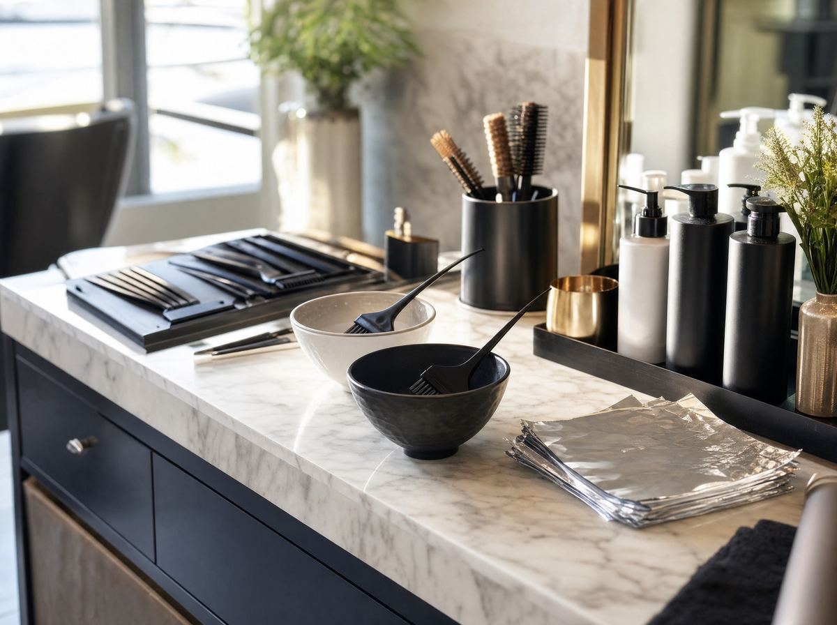 The color station laid out with mixing bowls, brushes and folded foils