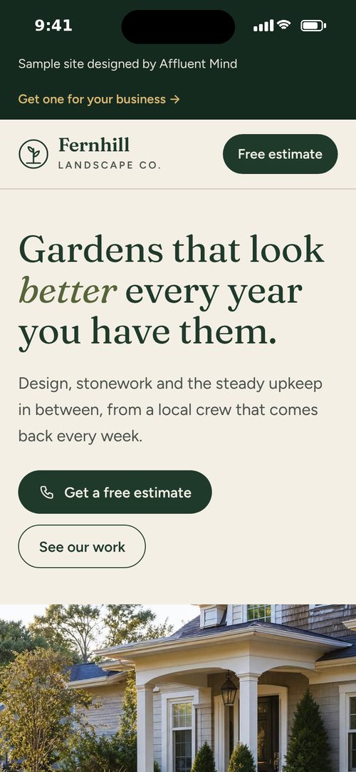 Fernhill Landscape Co., a sample landscaper site, on a phone