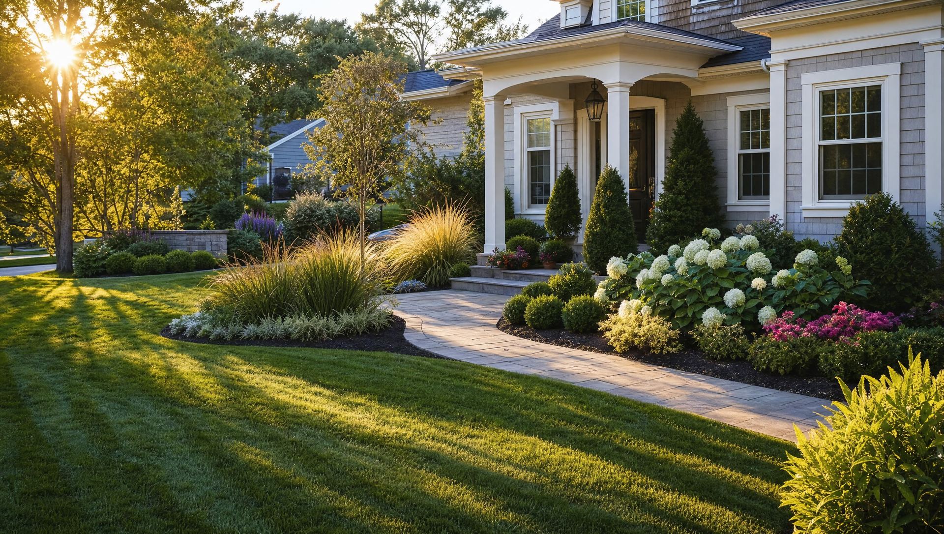 Front yard at golden hour with a striped lawn, ornamental grasses, white hydrangeas and a curved stone walk to the porch
