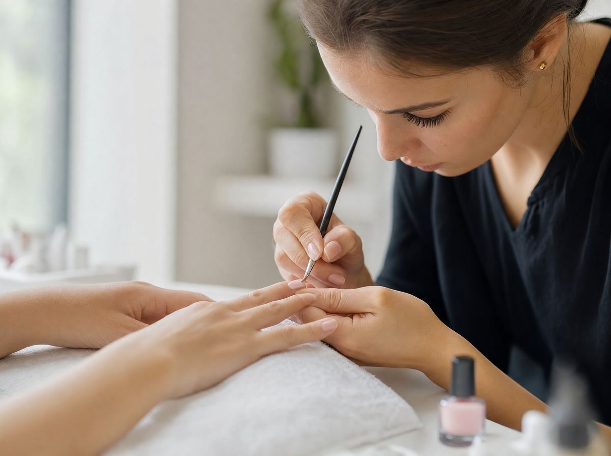 A nail technician carefully painting a client&rsquo;s nails