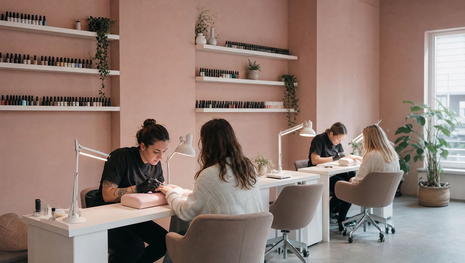 The Petal & Polish studio: blush walls, white manicure tables and shelves of polish