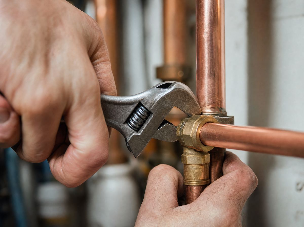 Hands tightening a copper pipe fitting with a wrench