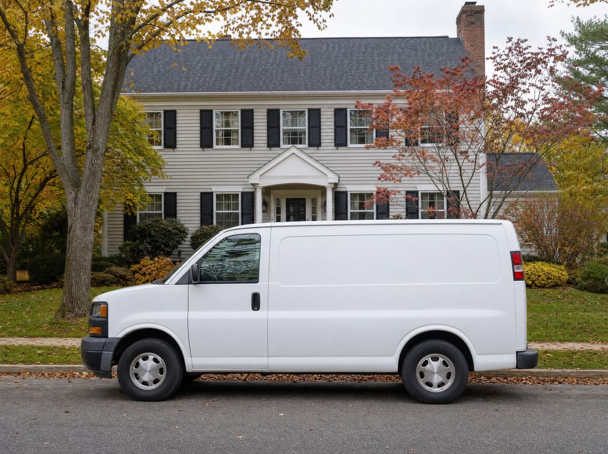 White Brightwater service van parked in front of a colonial-style house