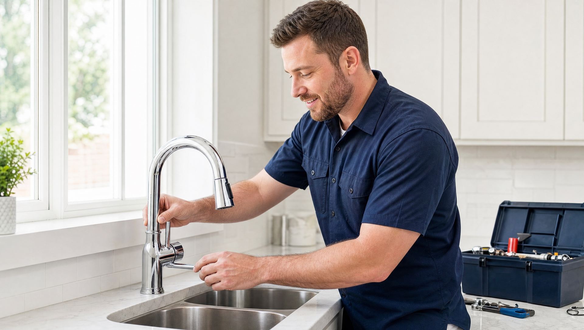 A Brightwater plumber fitting a new chrome faucet at a bright kitchen sink