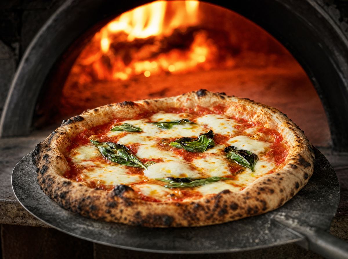 A blistered margherita pizza in front of the glowing wood-fired oven